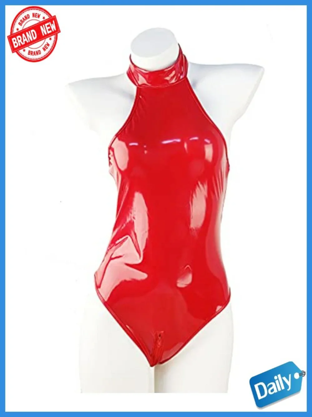 Shiny Faux Leather Bodysuit High Neck Zipper Back Bodysuit for Party Club